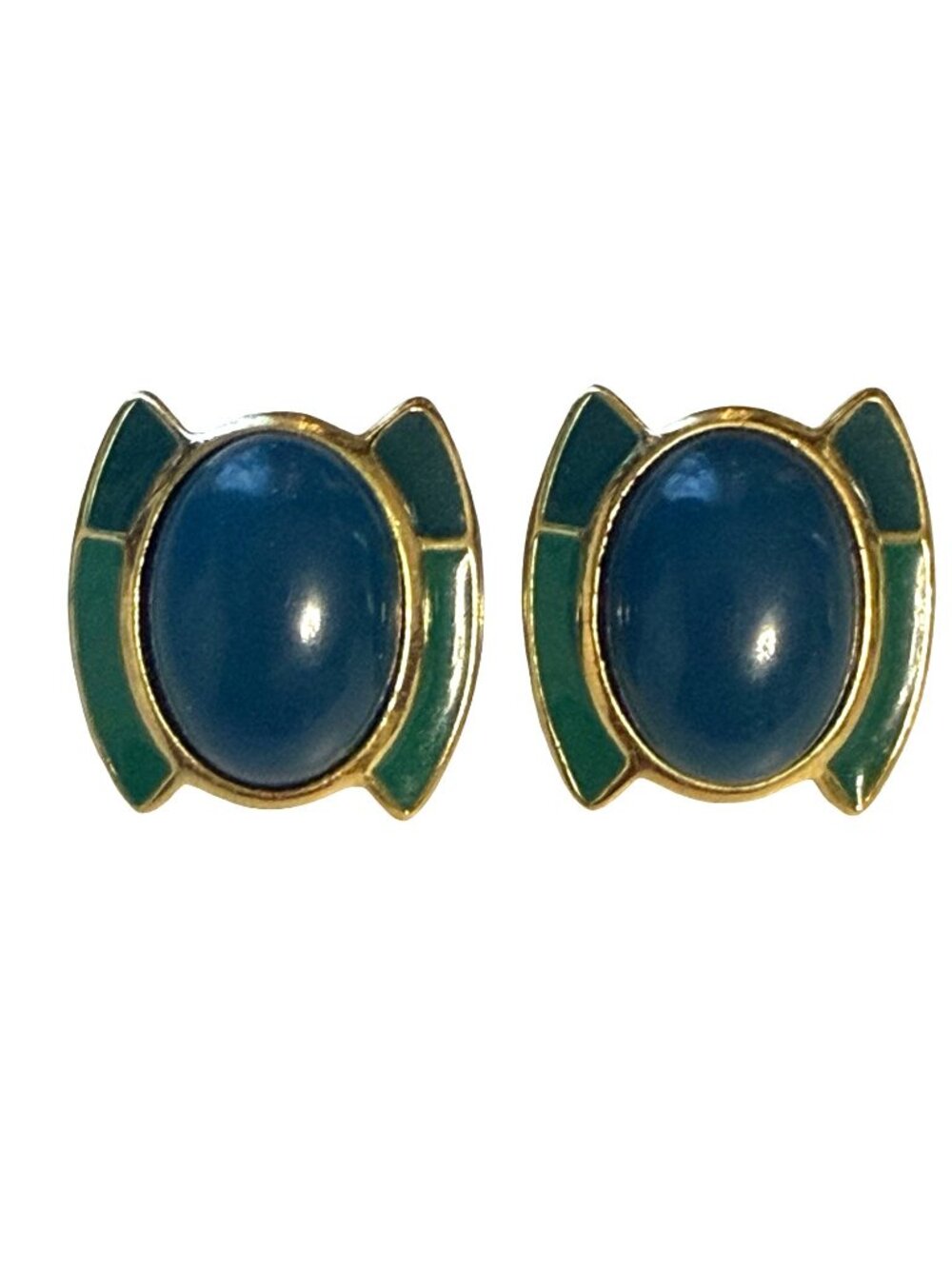 Vintage Trifari Blue Cabochon Green Enamel Gold Tone Stud Earrings